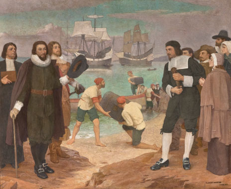 mural of 1630: Governor Winthrop at Salem Bringing the Charter of the Bay Colony to Massachusetts