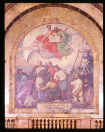 mural of The Pilgrims on the Mayflower